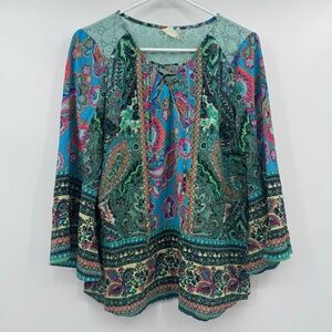 Fig Flower Anthropologie Top Women Large Blue Boho Retro 3/4 Bell Sleeve Hippie